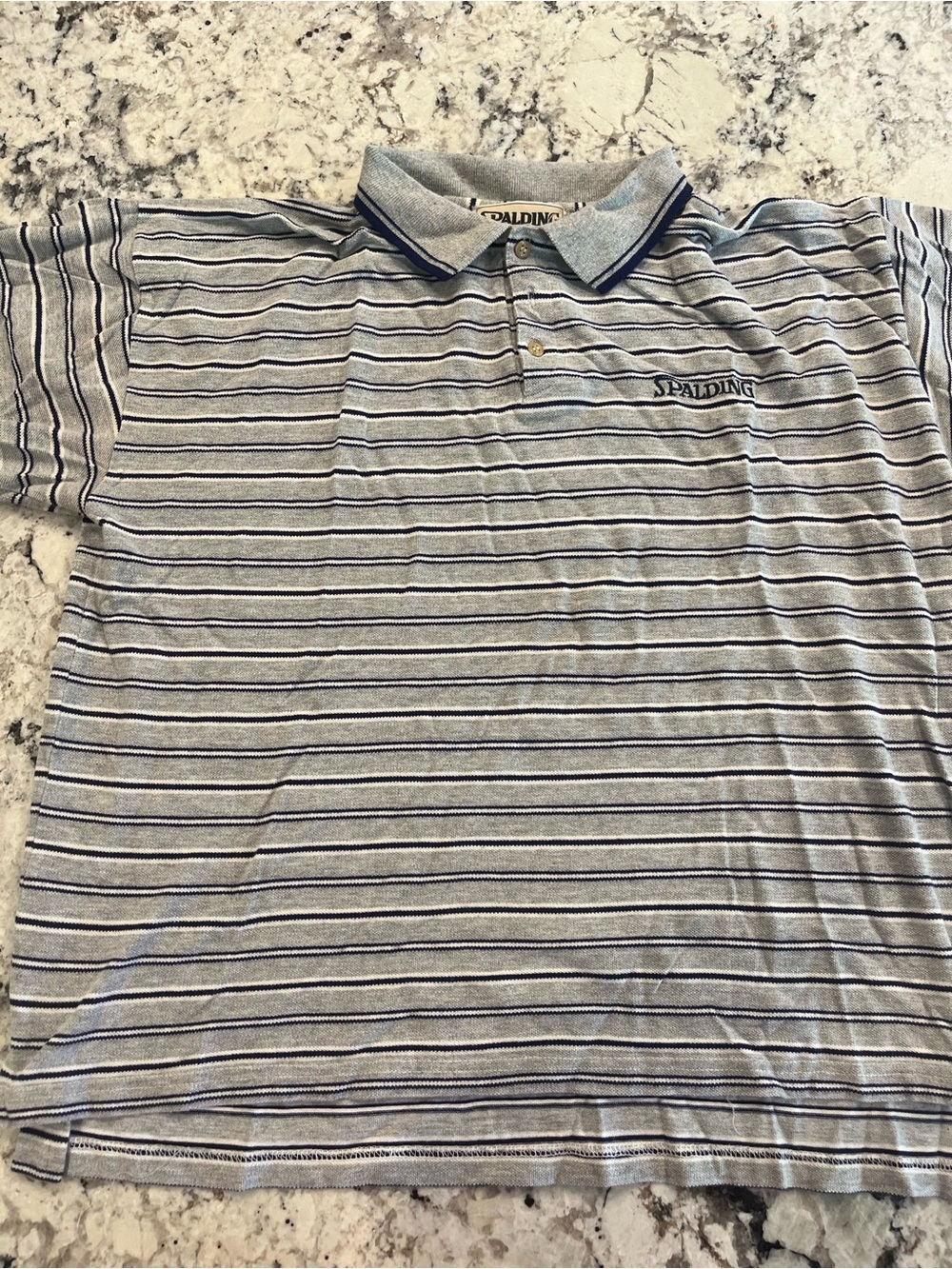 Vintage Spalding Men's Light Gray and Navy Striped Polo
